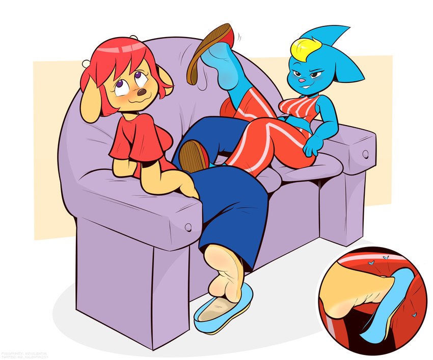 anthro blonde_hair blue_body clothed clothing duo feet female furniture hair red_hair shoe_dangle sofa soles mrvalentim parappa_the_rapper sony_corporation sony_interactive_entertainment um_jammer_lammy katy_kat lammy_lamb bovid caprine domestic_cat felid feline felis mammal sheep absurd_res hi_res