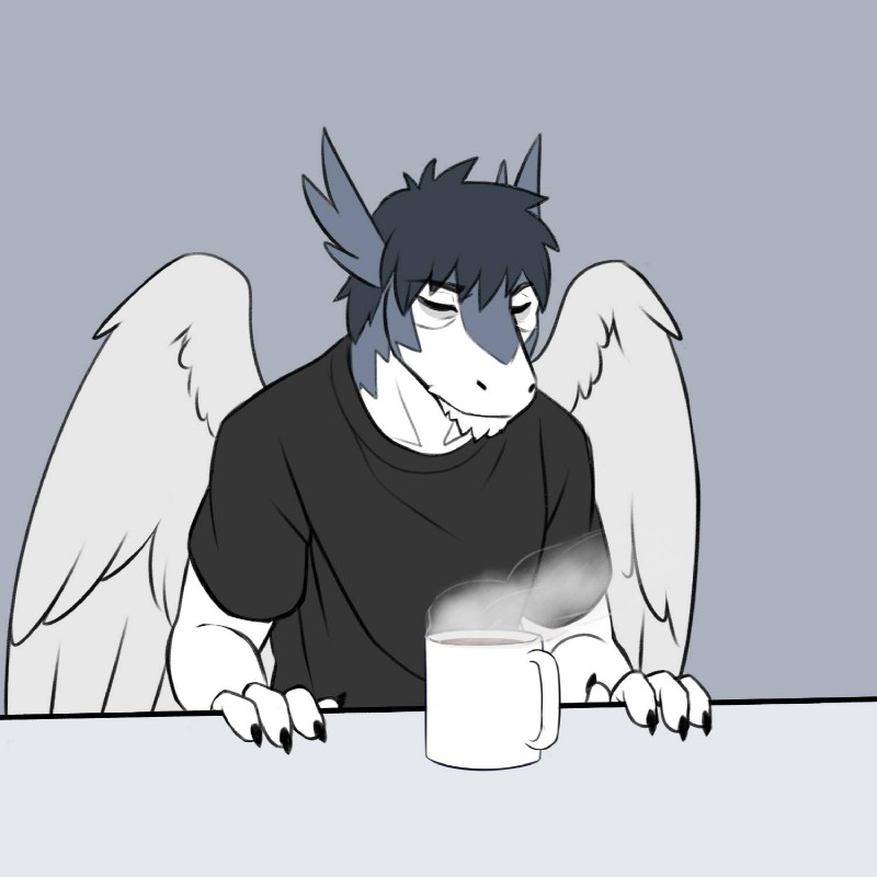 anthro beverage coffee container cup eyes_closed feathered_wings feathers male solo wings nameless00 mythology clei dragon mythological_creature mythological_scalie scalie windragon 1:1 hi_res