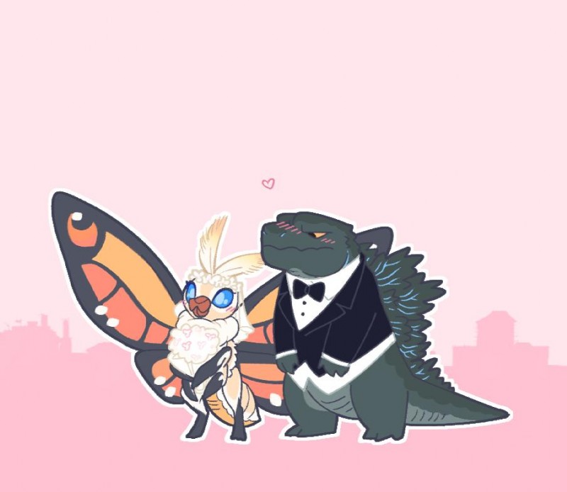 blush bouquet bow_(feature) bow_tie bride clothing duo female groom heart_symbol male suit wings vergolophus godzilla_(series) monsterverse mothra_(series) toho godzilla mothra arthropod insect kaiju lepidopteran lizard moth reptile scalie