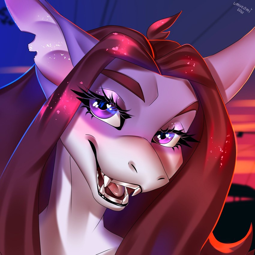 anthro eyebrows eyelashes eyeshadow female hair heart_eyes heart_symbol long_hair makeup notched_ear open_mouth purple_body purple_eyes red_hair sharp_teeth smile solo teeth thick_eyebrows tongue white_body umireomi fish marine shark 1:1 2021 bust_portrait digital_media_(artwork) hi_res portrait