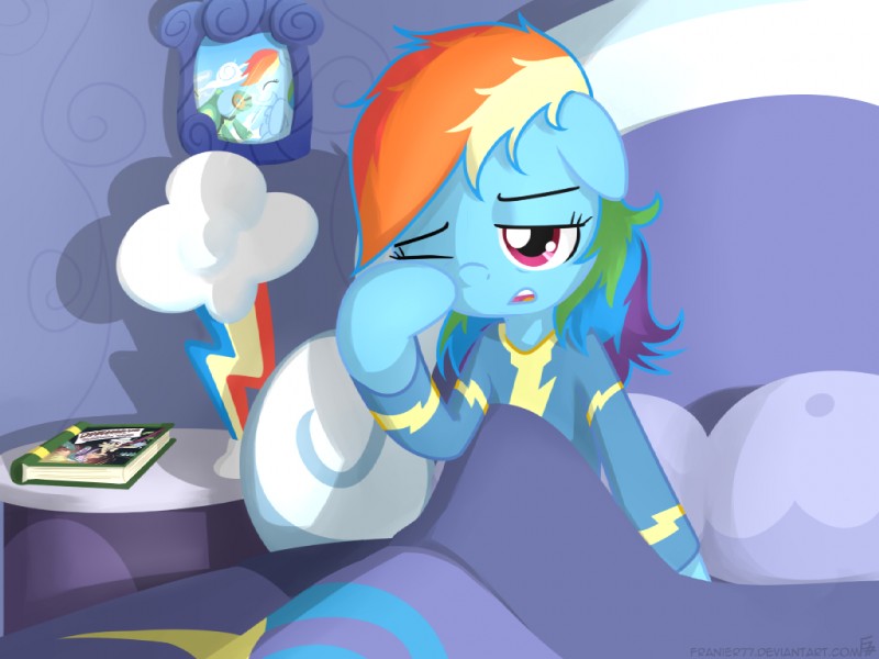 awake bed blue_body blue_feathers blue_fur brown_body brown_feathers clothing feathered_wings feathers female feral fur furniture hair multicolored_hair one_eye_closed pajamas purple_eyes rainbow_hair solo waking_up wings frankier77 friendship_is_magic hasbro my_little_pony mythology daring_do_(mlp) rainbow_dash_(mlp) tank_(mlp) crocodile crocodilian equid equine mammal mythological_creature mythological_equine pegasus reptile scalie tortoise turtle 2013 4:3