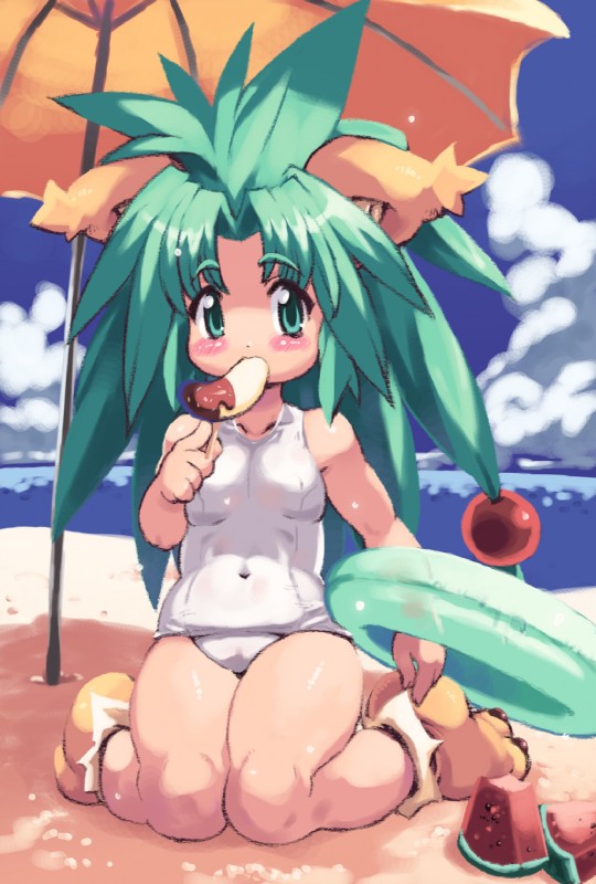 banana beach detailed_background female food food_fetish fruit green_eyes green_hair hair melon outside plant sand seaside sky solo suggestive suggestive_food water watermelon watermelon_slice young yu_3 samurai_shodown samurai_spirits cham_cham animal_humanoid cat_humanoid felid felid_humanoid feline feline_humanoid humanoid mammal mammal_humanoid hi_res