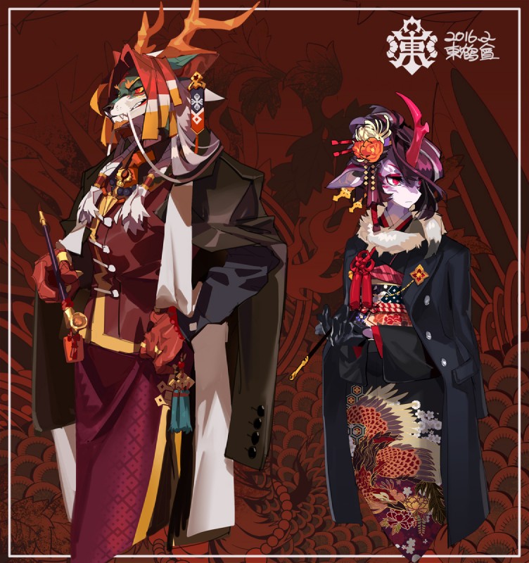 abstract_background anthro antlers beard braided_hair clothing duo facial_hair fangs female hair horn male pipe pupils red_eyes ribbons slit_pupils teeth whiskers yellow_sclera kuroblood arknights asian_mythology east_asian_mythology hypergryph mythology studio_montagne fumizuki_(arknights) wei_yenwu_(arknights) dragon eastern_dragon mythological_creature mythological_scalie scalie 2016 digital_media_(artwork) hi_res