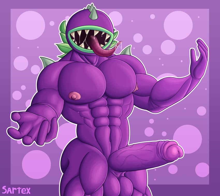 abs anthro balls big_balls big_penis bodily_fluids erection eyeless genitals glans huge_balls huge_penis leaf male muscular muscular_anthro muscular_arms muscular_legs muscular_male navel nipples not_furry nude nude_anthro nude_male open_mouth penis plant purple_body saliva sharp_teeth simple_background solo spikes spikes_(anatomy) teeth tongue tongue_out vein veiny_penis sartex electronic_arts plants_vs._zombies popcap_games chomper_(pvz) elemental_creature elemental_humanoid flora_fauna humanoid plant_humanoid 2024 absurd_res digital_drawing_(artwork) digital_media_(artwork) hi_res signature