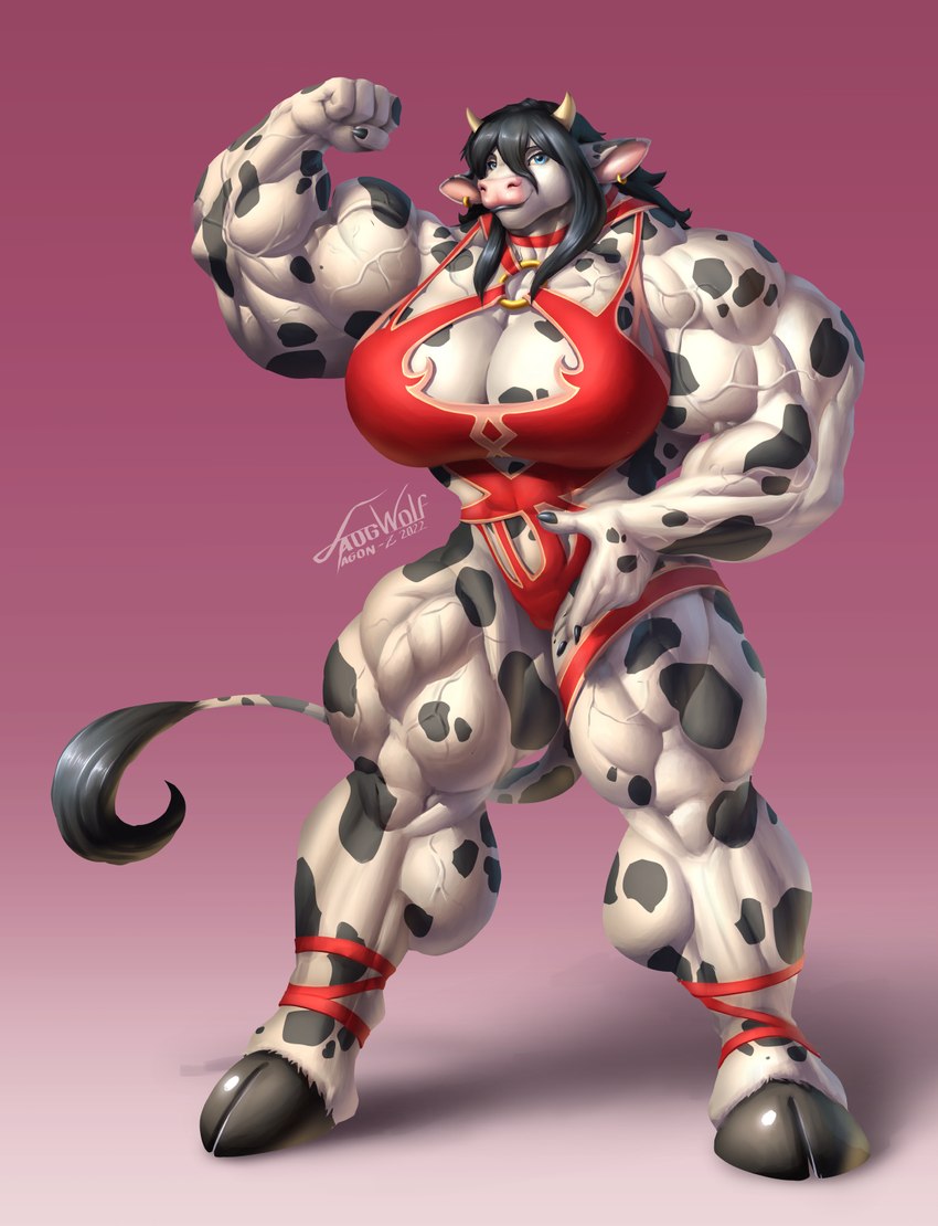 anthro big_breasts big_muscles black_hair black_lips blue_eyes breasts clothed clothing dress ear_piercing ear_ring female flexing hair hooves horn huge_breasts huge_muscles hyper hyper_muscles lips markings muscular nails piercing plantigrade quadriceps red_clothing red_dress ring_piercing solo spots spotted_markings standing agonwolfe bovid bovine cattle mammal hi_res