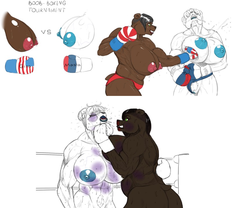 anthro belly big_breasts big_butt black_hair blood bodily_fluids boxing boxing_gloves breast_punch breasts brown_body brown_fur bruised butt clothing duo female fight fur genitals green_eyes hair handwear muscular muscular_female nipples nude pubes punch pussy russia slightly_chubby sport sweat teeth text united_states_of_america violence white_body white_fur white_hair hellbridge masha_(hellbridge) bear mammal polar_bear ursine 2017 english_text