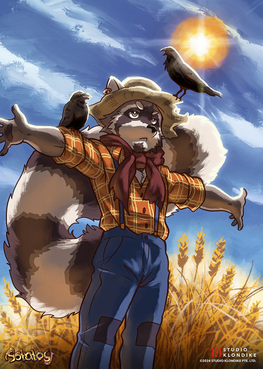 5_fingers ambiguous_gender anthro beak biped clothed clothing ear_piercing ear_ring eyebrows feral fingers fur group hat headgear headwear male open_mouth piercing ring_piercing scarecrow spread_arms straw_hat sun tail trio wheat fruitz astatos studio_klondike lysander_(astatos) avian bird corvid corvus_(genus) crow mammal oscine passerine procyonid raccoon 2024 absurd_res hi_res