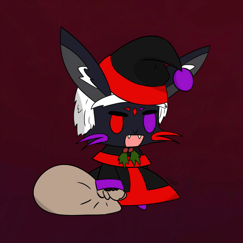 anthro bag christmas_clothing christmas_headwear clothing hat headgear headwear holidays holly_(plant) male plant santa_hat smug solo anxietythedemon christmas made_in_abyss padoru tote_brando lagomorph leporid mammal narehate rabbit 1:1 absurd_res hi_res