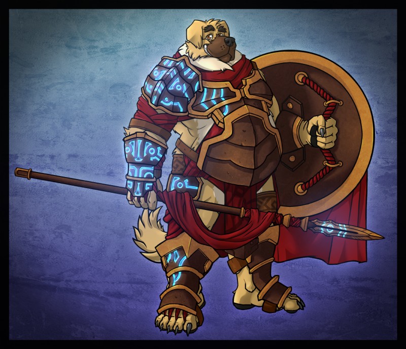 anthro armor belly belly_overhang big_belly biped bottomwear bronze brown_eyes claws clothed clothing fur hoplite loincloth looking_at_viewer male manly melee_weapon musclegut muscular muscular_anthro muscular_male overweight overweight_anthro overweight_male paladin pawpads polearm shield solo spear standing weapon turret_(artist) dogger spartan_(roman) canid canine mammal 2016 hi_res