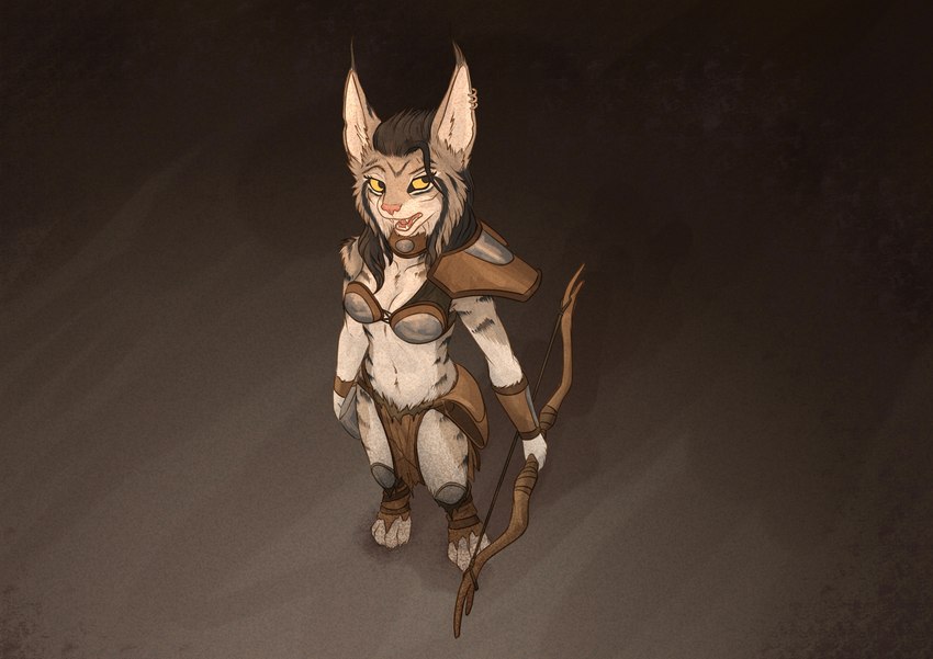 anthro axe bow_(weapon) ear_piercing ear_ring female piercing ranged_weapon ring_piercing solo tribal weapon spectronic mira_(spectronic) felid feline lynx mammal hi_res