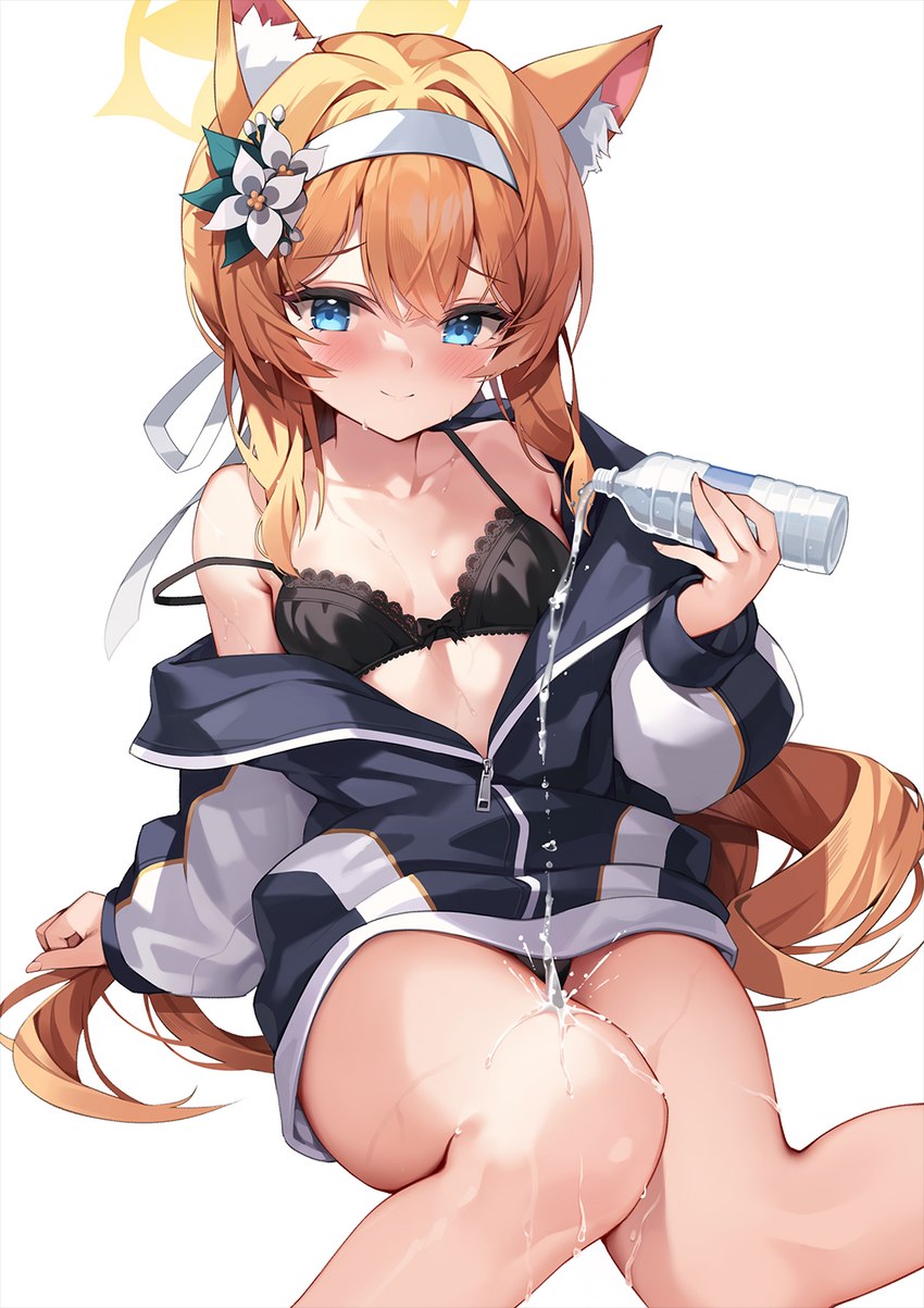 blonde_hair blue_eyes blush bottle bra breasts clothing container female hair holding_bottle holding_container holding_object solo underwear pinki_o64 animal_humanoid cat_humanoid felid felid_humanoid feline feline_humanoid humanoid mammal mammal_humanoid hi_res