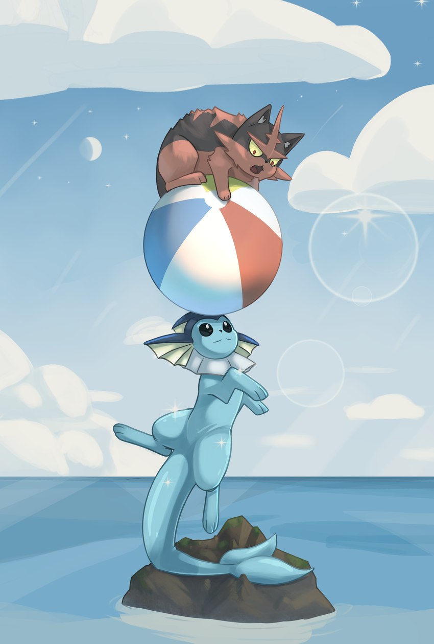 ambiguous_feral ambiguous_gender balancing_object balancing_on_tail ball beach_ball black_sclera blue_sky carrying_another cheek_tuft cloud crescent_moon cute_fangs detailed_background digitigrade duo ear_fins facial_tuft fangs featureless_crotch feral fin frill_(anatomy) fur glint horizon inflatable lens_flare moon neck_frill on_ball on_head on_rock open_mouth outside red_eyes rock scared sea sky smile tail teeth tuft water yellow_sclera exagono16 nintendo pokemon eeveelution felid feline generation_1_pokemon generation_7_pokemon mammal marine pokemon_(species) torracat vaporeon 2022 absurd_res hi_res