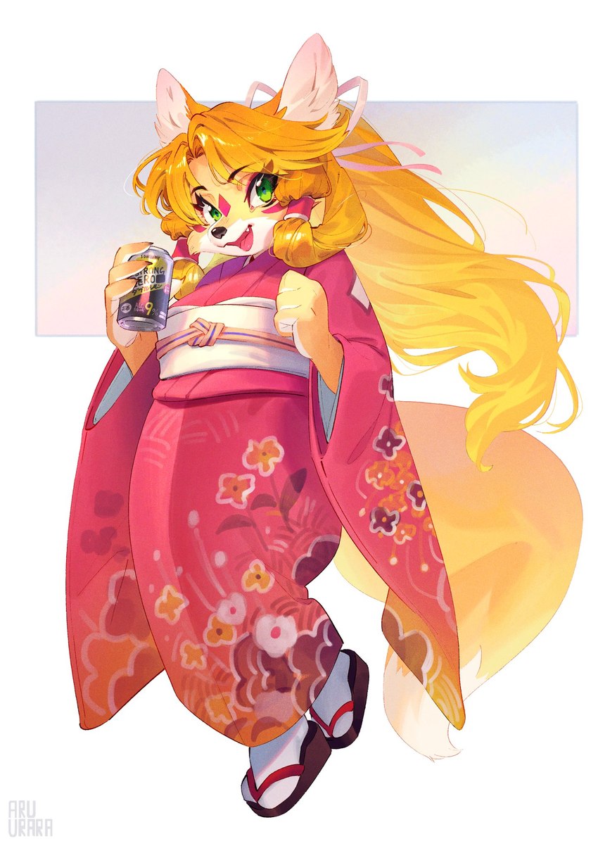 alcohol anthro asian_clothing beverage beverage_can braided_hair can clothing container cute_fangs east_asian_clothing facial_markings fangs female female_anthro footwear fur green_eyes hair head_markings japanese_clothing kemono kimono looking_at_viewer markings orange_body orange_fur orange_hair sandals shoes smile solo teeth aruurara strong_zero mizuki_(aruurara) canid canine fox mammal hi_res