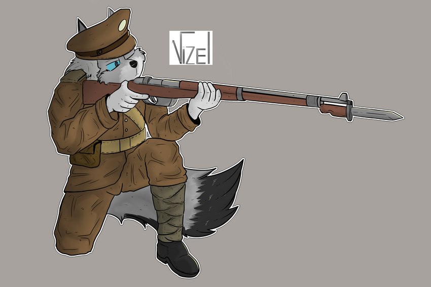 aiming aiming_weapon anthro bayonet clothing gun kneeling knife male military one_eye_closed ranged_weapon rifle soldier solo uniform warrior weapon world_war_1 vizelius dante_kinkade canid canine canis mammal wolf 3:2 absurd_res hi_res