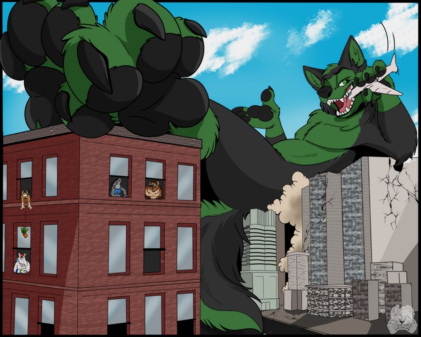 aircraft airplane anthro building building_destruction destruction looking_at_viewer macro male open_mouth open_smile pawpads reclining smile solo teeth vehicle cooper_toonhyena canid canine mammal 5:4 hi_res