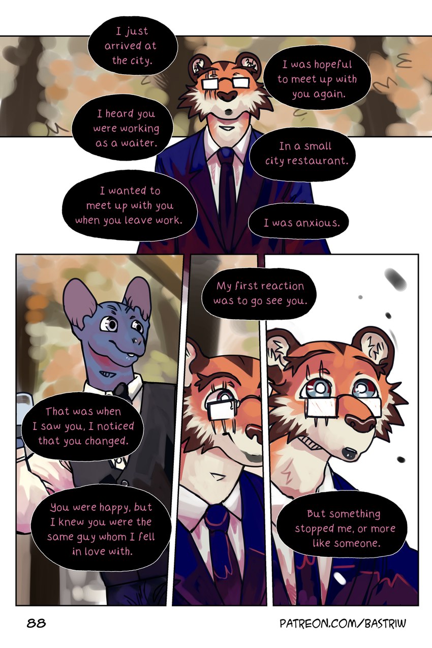 blue_eyes clothing dialogue eye_scar eyewear facial_scar glasses male necktie purple_eyes scar suit text bastriw martin_(bastriw) pato_(bastriw) domestic_cat felid feline felis mammal pantherine tiger 2:3 comic english_text hi_res url