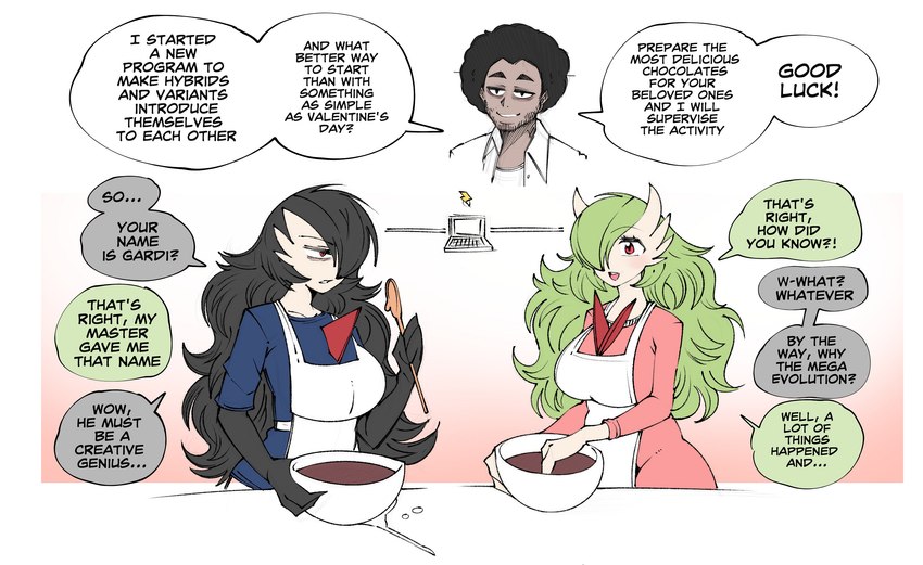 afro apron black_body black_hair breasts candy chocolate clothed clothing dessert dialogue female food green_body green_hair group hair hair_over_eye male not_furry one_eye_obstructed red_eyes speech_bubble text trio white_body saltyxodium nintendo pokemon hornyvoir redditor_gardevoir xodium_(saltyxodium) gardevoir generation_3_pokemon generation_6_pokemon human humanoid mammal mega_evolution mega_gardevoir pokemon_(species) 2023 absurd_res english_text hi_res