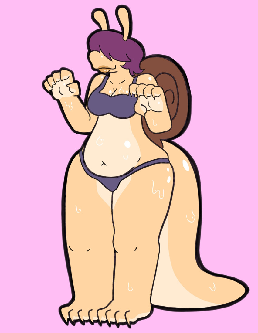 4_toes anthro bodily_fluids bra breasts clothing cum cum_covered feet female genital_fluids lips messy pink_background shell simple_background slightly_chubby solo tail tan_body toes underwear bigsteppies gastropod mollusk snail hi_res