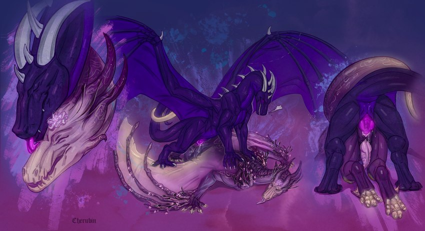 bite_scar bodily_fluids breath claws cum cum_in_pussy cum_inside doggystyle dominant dominant_male duo erection eyes_closed feral flower from_behind_position genital_fluids genitals glowing glowing_claws glowing_eyes glowing_flower glowing_genitalia glowing_pawpads glowing_penis glowing_wings grey_horn grin herm horn intersex intersex/male intimate licking long_tail looking_at_another looking_at_partner looking_down male male_dominating_herm male_dominating_intersex male_on_top markings nuzzling on_top open_mouth pawpads penetration penile penis pink_body pink_penis pink_pussy pinned pinned_to_ground plant purple_body purple_eyes purple_penis purple_scales purple_tongue pussy scale_markings scales scar sex silver_horns simple_background smile spread_wings tail teeth tongue tongue_out translucent translucent_wings vaginal vaginal_penetration white_pawpads wing_scar wings cherubin mythology kaenrae_obscuro_(valdusaetherius) luna_ilitas_(plagueworldshield) dragon mythological_creature mythological_scalie scalie digital_media_(artwork) hi_res