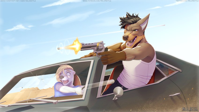 action_scene anthro black_hair blonde_hair broken_glass bullet bullet_hole clothed clothing desert driving duo glass gun hair handgun male mottled_tongue muscular muscular_male muzzle_flash ranged_weapon revolver screaming shirt shooting_gun smile tank_top text tongue topwear weapon milo_nettle dodge_charger milo_nettle_(character) slink_(character) mammal mustelid otter patchwork_creature url