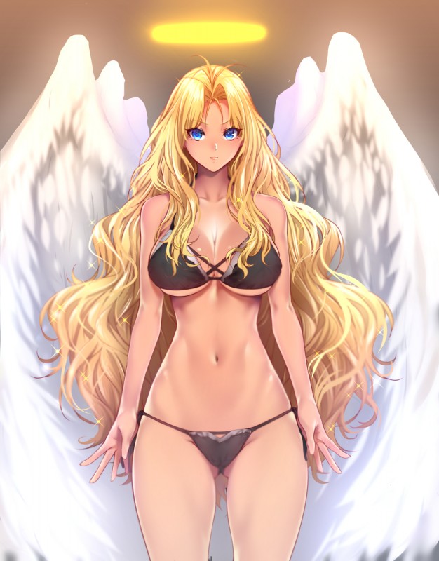 5_fingers black_bra black_clothing black_panties black_underwear blonde_hair blue_eyes bra butt butt_from_the_front clothed clothing dark_body dark_skin feathered_wings feathers female fingers glowing glowing_halo hair halo long_hair navel not_furry panties side-tie_panties simple_background solo standing string_panties underwear wavy_hair white_body white_feathers wings zucchini_(artist) bastard!! michael_(bastard!!) angel angel_humanoid humanoid winged_humanoid absurd_res hi_res