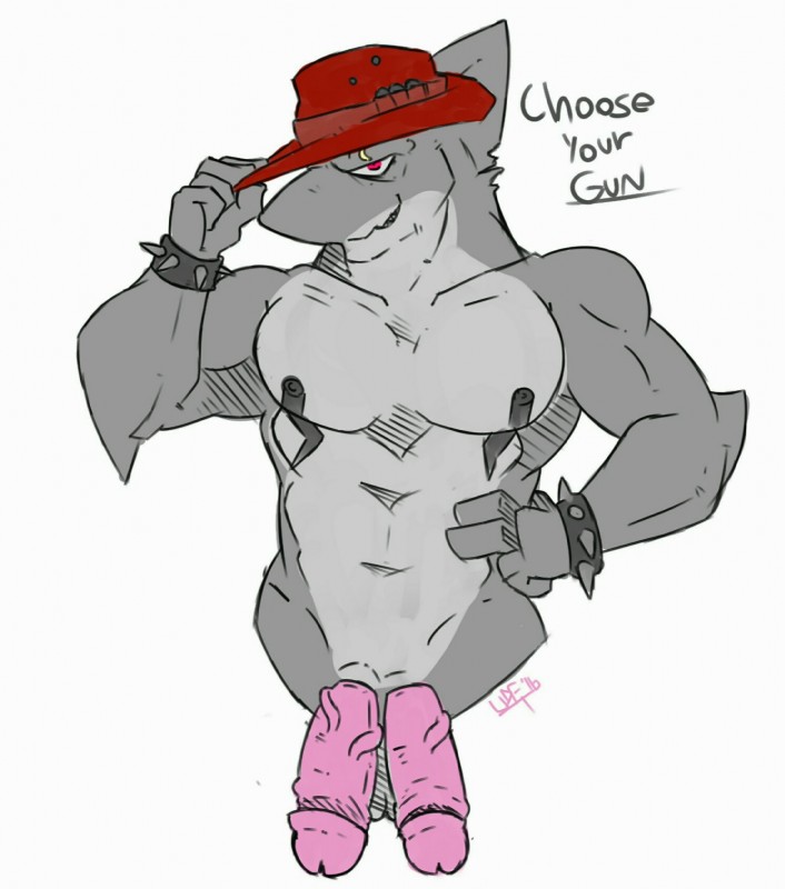 2_penises abs anthro balls barazoku biceps big_muscles biped bracelet circumcised clothing cowboy cowboy_hat erection eyebrow_piercing eyebrow_ring facial_piercing front_view genitals grey_body grey_skin hat hat_only headgear headgear_only headwear headwear_only holding_clothing holding_hat holding_headgear holding_headwear holding_object humanoid_genitalia humanoid_penis jewelry looking_at_viewer male mostly_nude multi_genitalia multi_penis muscular muscular_anthro muscular_male nipples open_mouth pecs penis piercing red_eyes ring_piercing simple_background smile solo spiked_bracelet spikes standing tattoo teeth text western undead_foster fish marine shark 2016 digital_media_(artwork) english_text hi_res