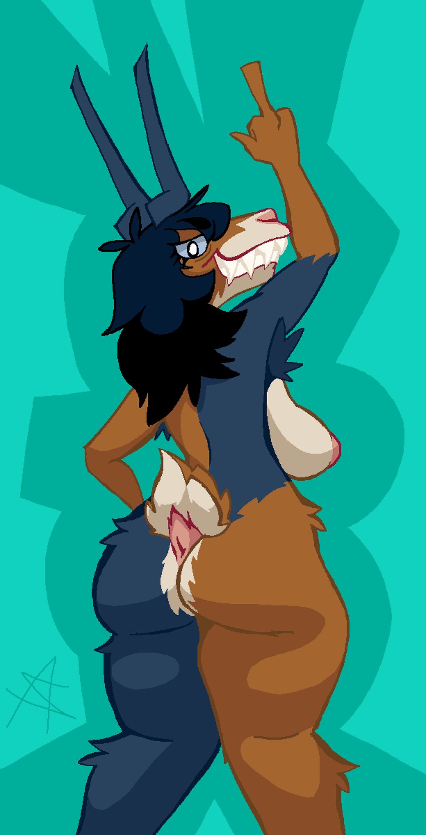 anthro anus armpit_hair big_breasts big_butt black_body black_fur black_hair body_hair breasts brown_body brown_fur butt calico_pattern female fur gesture hair hand_gesture horn looking_at_viewer looking_back looking_back_at_viewer middle_finger sharp_teeth simple_background solo tan_body tan_fur teeth appelsaus constance_(appelsaus) bovid caprine goat mammal 2024 absurd_res aliasing digital_media_(artwork) hi_res