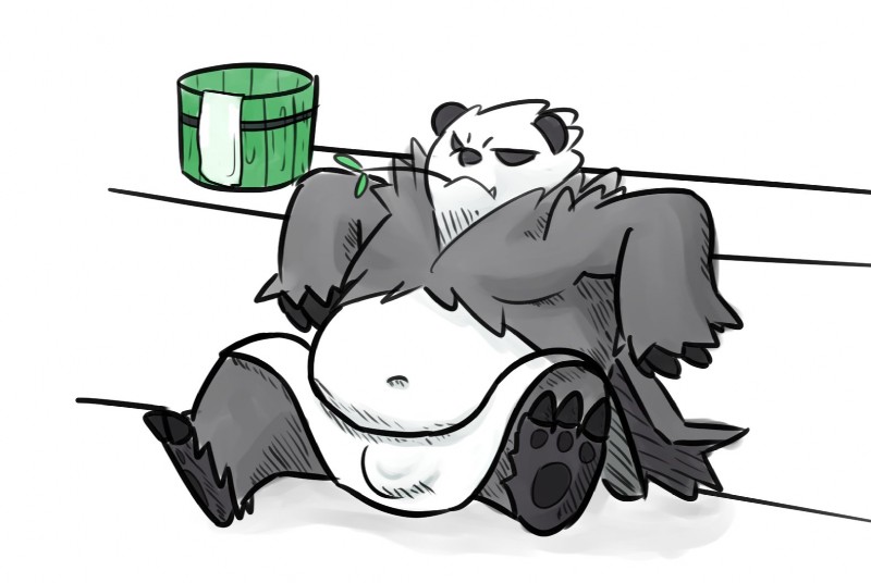 anthro belly black_body black_fur bulge cute_fangs fangs fur leaf male navel overweight overweight_anthro overweight_male sitting solo teeth towel white_body white_fur hokolee32 nintendo pokemon generation_6_pokemon pangoro pokemon_(species) 2019