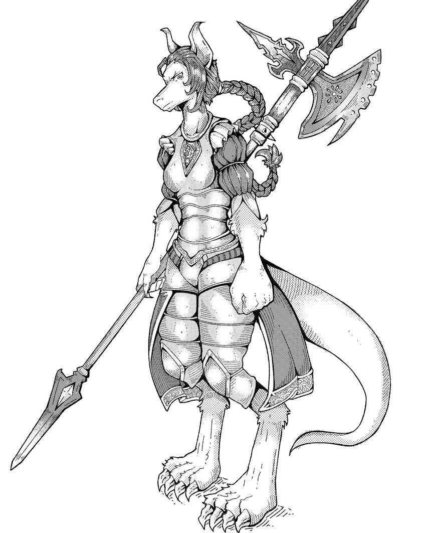 anthro armor axe ben_day_dots boob_armor braided_hair braided_ponytail breastplate claws codpiece cuirass cuisse female hair halberd laminar_armor looking_at_viewer melee_weapon plackart polearm poleyn ponytail puffy_sleeves solo stern_look toe_claws weapon daikaro final_fantasy final_fantasy_ix square_enix ser_ori_tuft burmecian mammal rodent absurd_res black_and_white full-length_portrait hi_res line_art monochrome portrait