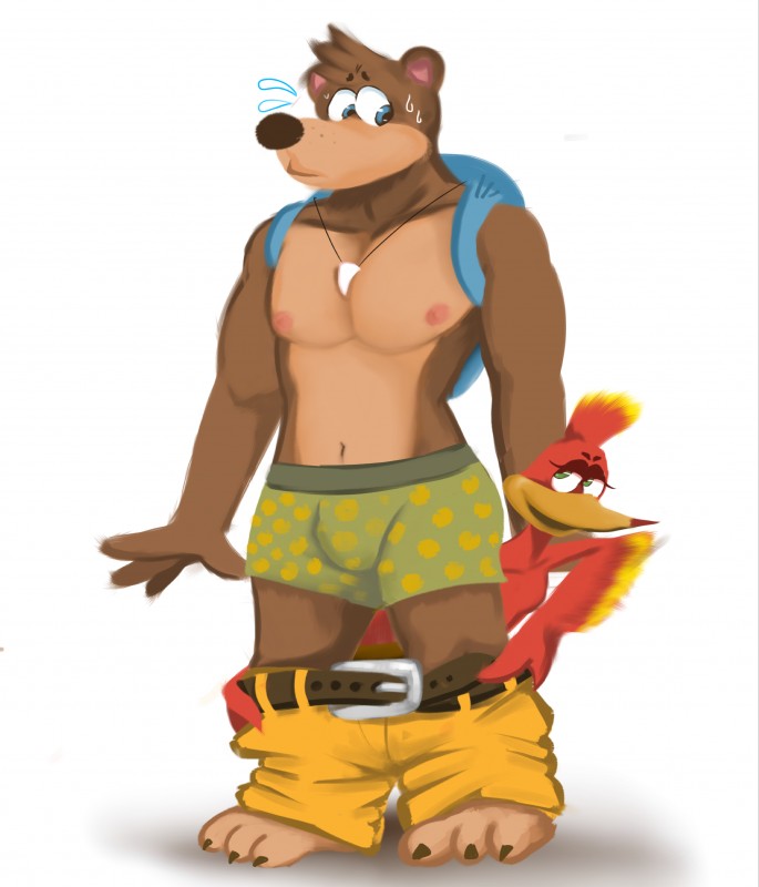 anthro assisted_exposure bodily_fluids bottomwear bottomwear_down bulge clothed clothing duo female jewelry male male_focus necklace nipples pants pants_down pantsing partially_clothed simple_background sweat underwear white_background epitaphkho_(artist) banjo-kazooie rareware banjo_(banjo-kazooie) kazooie avian bear bird breegull mammal 2019 absurd_res digital_media_(artwork) hi_res