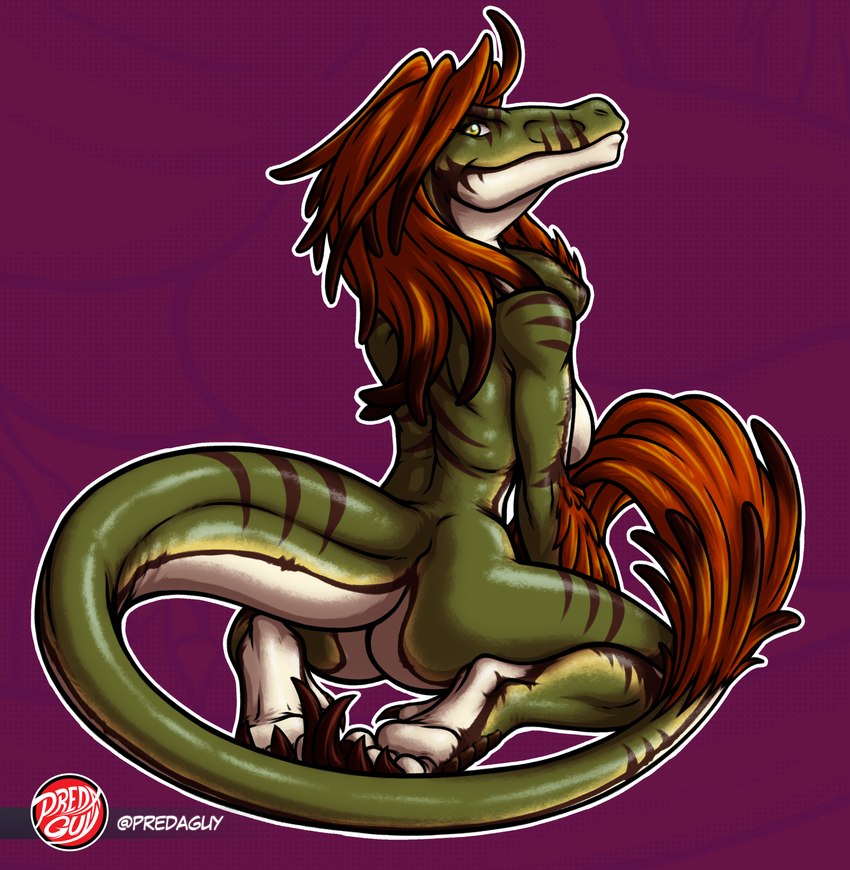 anthro biped breasts butt claws feathers feet female green_body logo looking_at_viewer non-mammal_breasts nude scales simple_background smile solo tail talons toes yellow_eyes predaguy melody_(user_55) dinosaur dromaeosaurid prehistoric_species reptile scalie theropod velociraptor absurd_res artist_logo hi_res