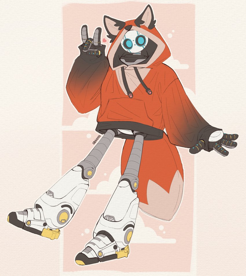 clothing female fox_ears hoodie machine peace_symbol pose robotic solo tail topwear auveiss the_wild_robot roz_(the_wild_robot) robot 2025 absurd_res digital_media_(artwork) hi_res