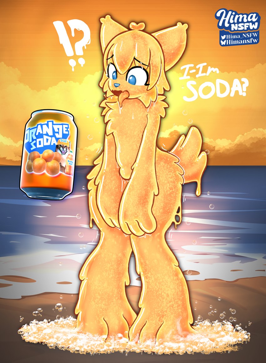 anthro beach beverage blue_eyes confusion embarrassed looking_down_at_self male null_bulge orange_body soda solo sunset hima_nsfw ande_(hima_nsfw) canid canine caracal caracal_(genus) felid feline fox goo_creature hybrid lynx mammal absurd_res hi_res