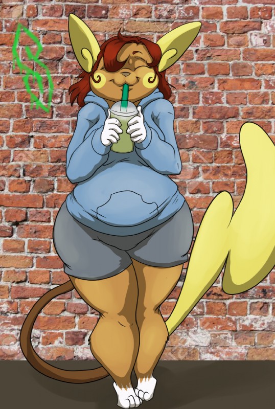 anthro beverage clothed clothing coffee curvy_figure eyes_closed female hair pose red_hair slightly_chubby solo voluptuous espent nintendo pokemon alolan_form alolan_raichu generation_7_pokemon pokemon_(species) regional_form_(pokemon) hi_res pinup