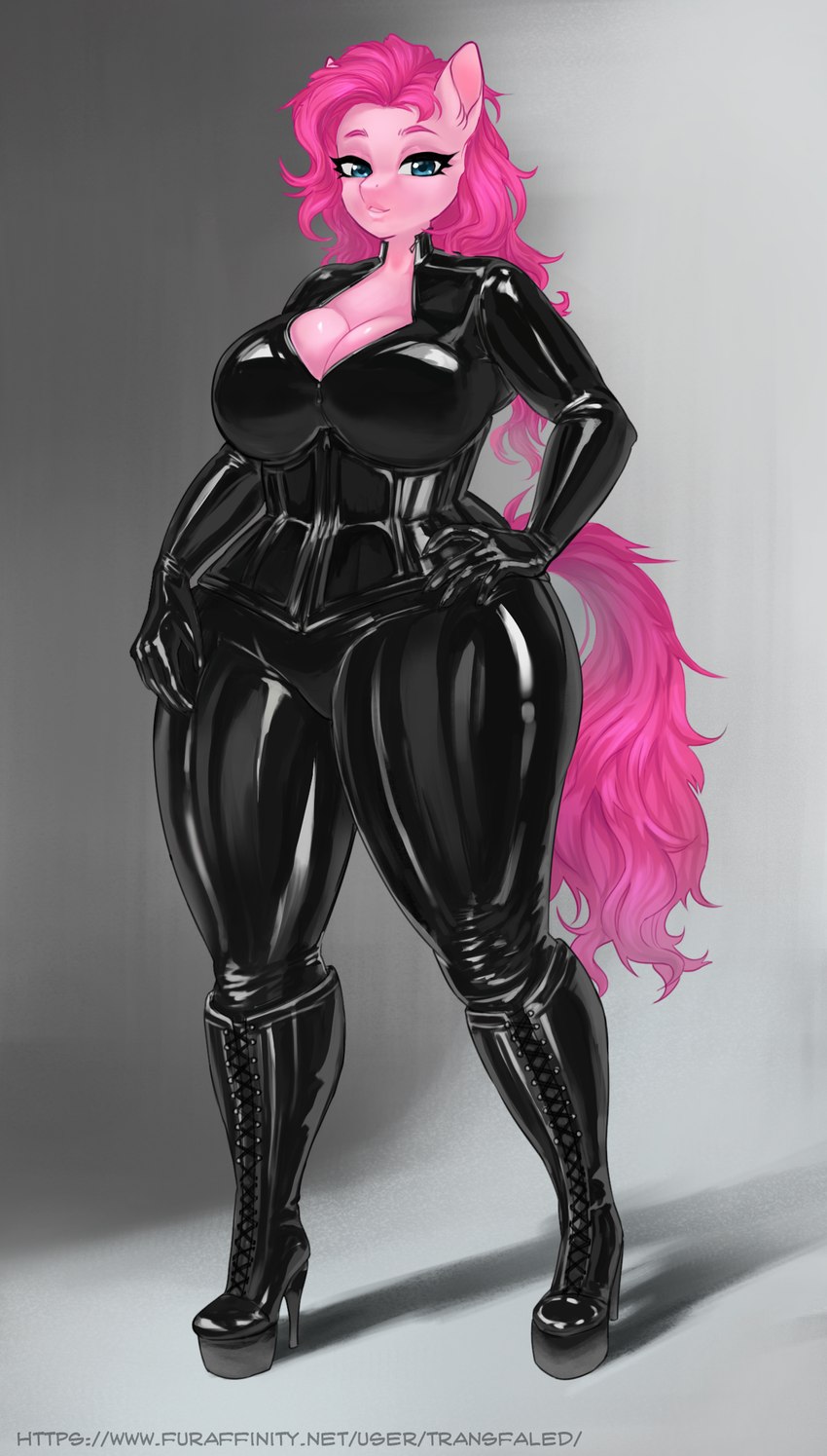 anthro anthrofied big_breasts black_latex boots breasts cleavage clothed clothing corset female footwear hair hand_on_hip high_heeled_boots high_heels latex latex_clothing latex_corset latex_lingerie latex_topwear lingerie looking_at_viewer pink_body pink_hair shoes simple_background solo standing text thick_thighs tight_clothing topwear wide_hipped_female wide_hips transfaled friendship_is_magic hasbro my_little_pony pinkie_pie_(mlp) earth_pony equid equine horse mammal pony 2022 hi_res url