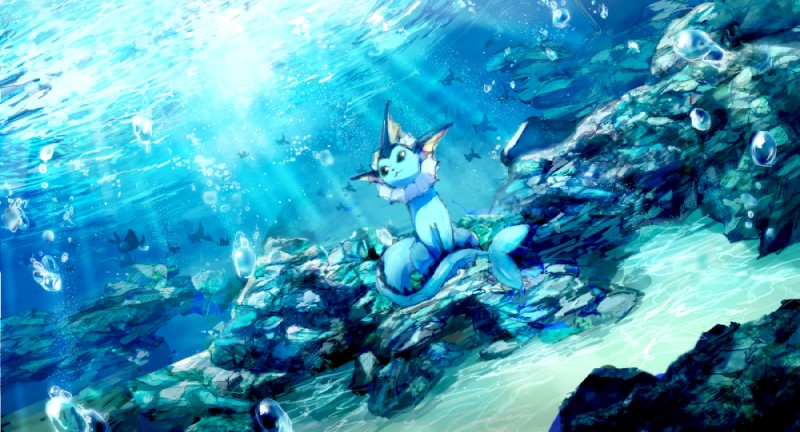 air_bubble ambiguous_gender black_eyes blue_body blue_skin bubble caustics day detailed_background feral fin group head_fin kemono landscape light looking_at_viewer nude rock sand sea seabed sitting solo_focus sunlight tail tail_fin underwater water pippi913 nintendo pokemon eeveelution generation_1_pokemon generation_2_pokemon mammal mantine marine pokemon_(species) remoraid vaporeon 2015 blue_theme digital_media_(artwork) digital_painting_(artwork)