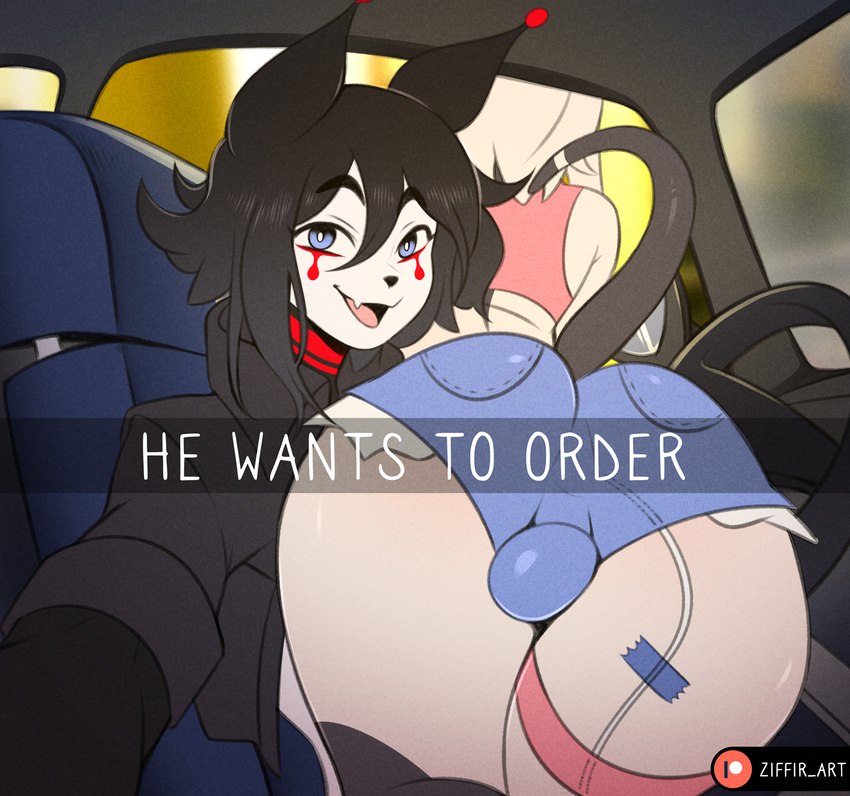 anthro black_hair blue_bottomwear blue_clothing blue_eyes blue_shorts bottomwear bulge butt car car_interior clothing denim denim_bottomwear denim_clothing denim_shorts duo fangs hair inside_car inside_vehicle looking_at_viewer male open_mouth ordering_food patreon_logo sex_toy short_hair shorts smile teeth vehicle vibrator ziffir he_wants_to_order patreon mammal mouse murid murine rodent hi_res meme