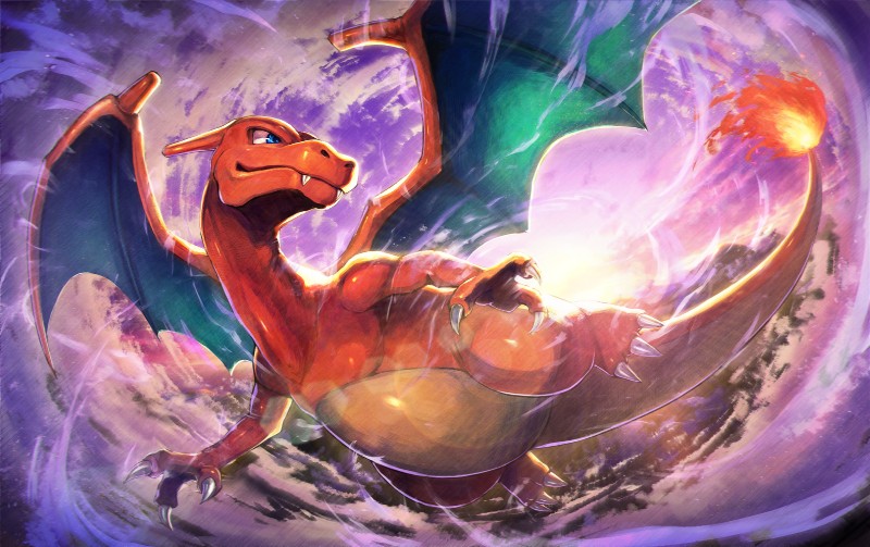 ambiguous_gender blue_eyes claws cloud fire flying membrane_(anatomy) membranous_wings solo tail wings kuroi_susumu nintendo pokemon charizard generation_1_pokemon pokemon_(species) 2019 hi_res