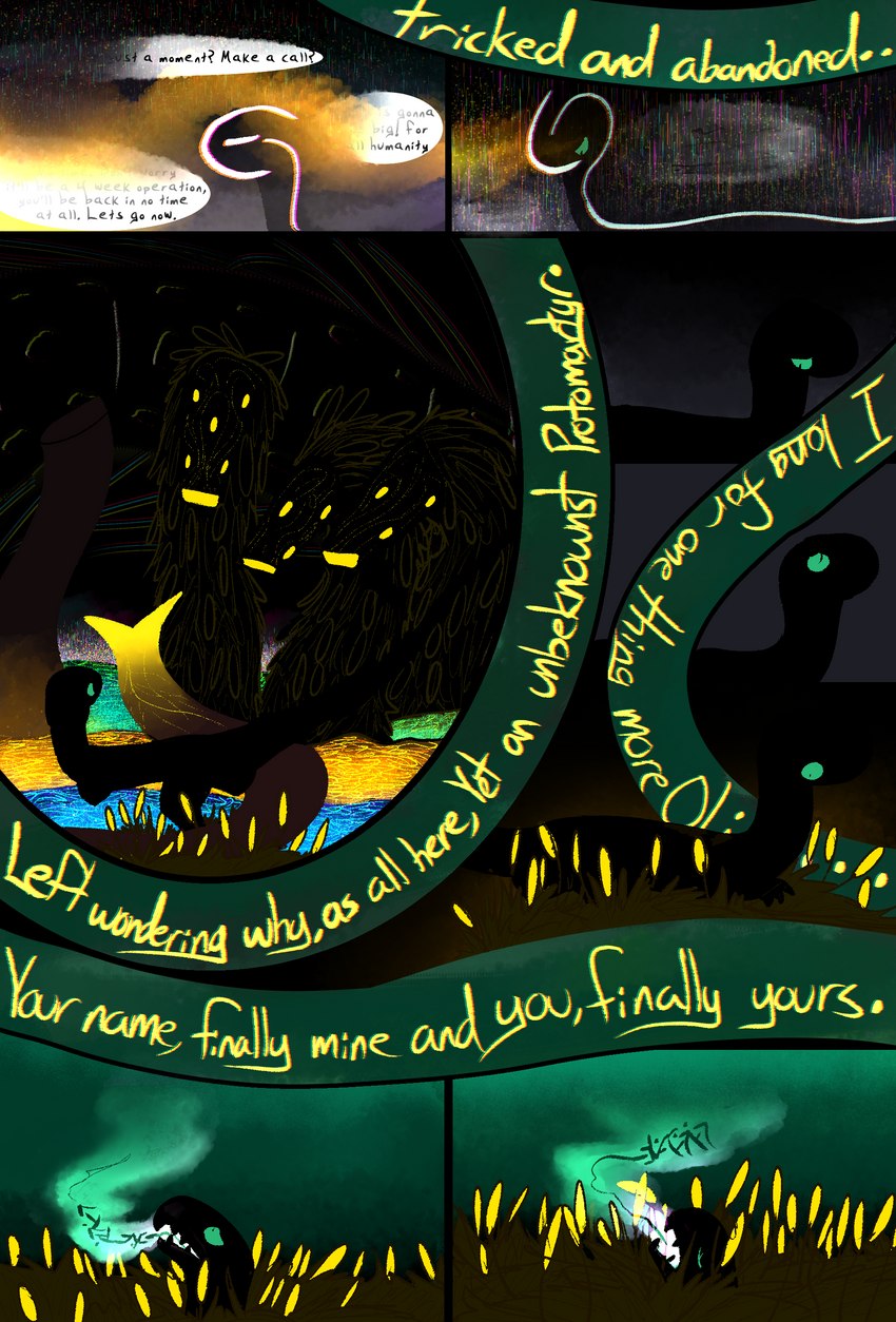 cattail_(plant) dialogue_outside_panel female feral memory memory_erasure surreal_bg surrealism text tongue thepatchedragon oli_(thepatchedragon) sholresa_(thepatchedragon) balar deity drekir spirit absurd_res comic hi_res