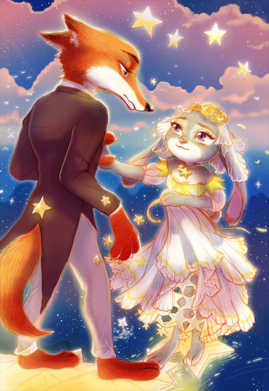 anthro clothing dress duo female fur grey_body grey_fur long_ears male orange_body orange_fur size_difference wedding_dress weketa disney zootopia judy_hopps nick_wilde canid canine fox lagomorph leporid mammal rabbit red_fox true_fox 2016 digital_media_(artwork) hi_res