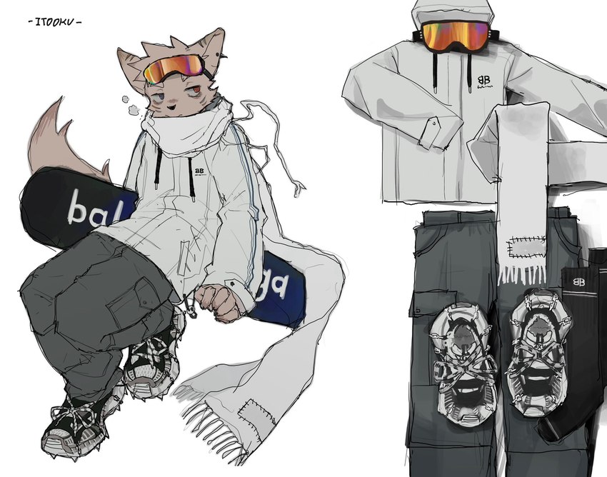 anthro biped blue_eyes clothing fur heterochromia hoodie looking_away male red_eyes ski slim_anthro slim_male solo text topwear white_body white_clothing white_fur white_hoodie white_topwear itooku itooku_(character) canid canine canis mammal wolf 2023 english_text hi_res