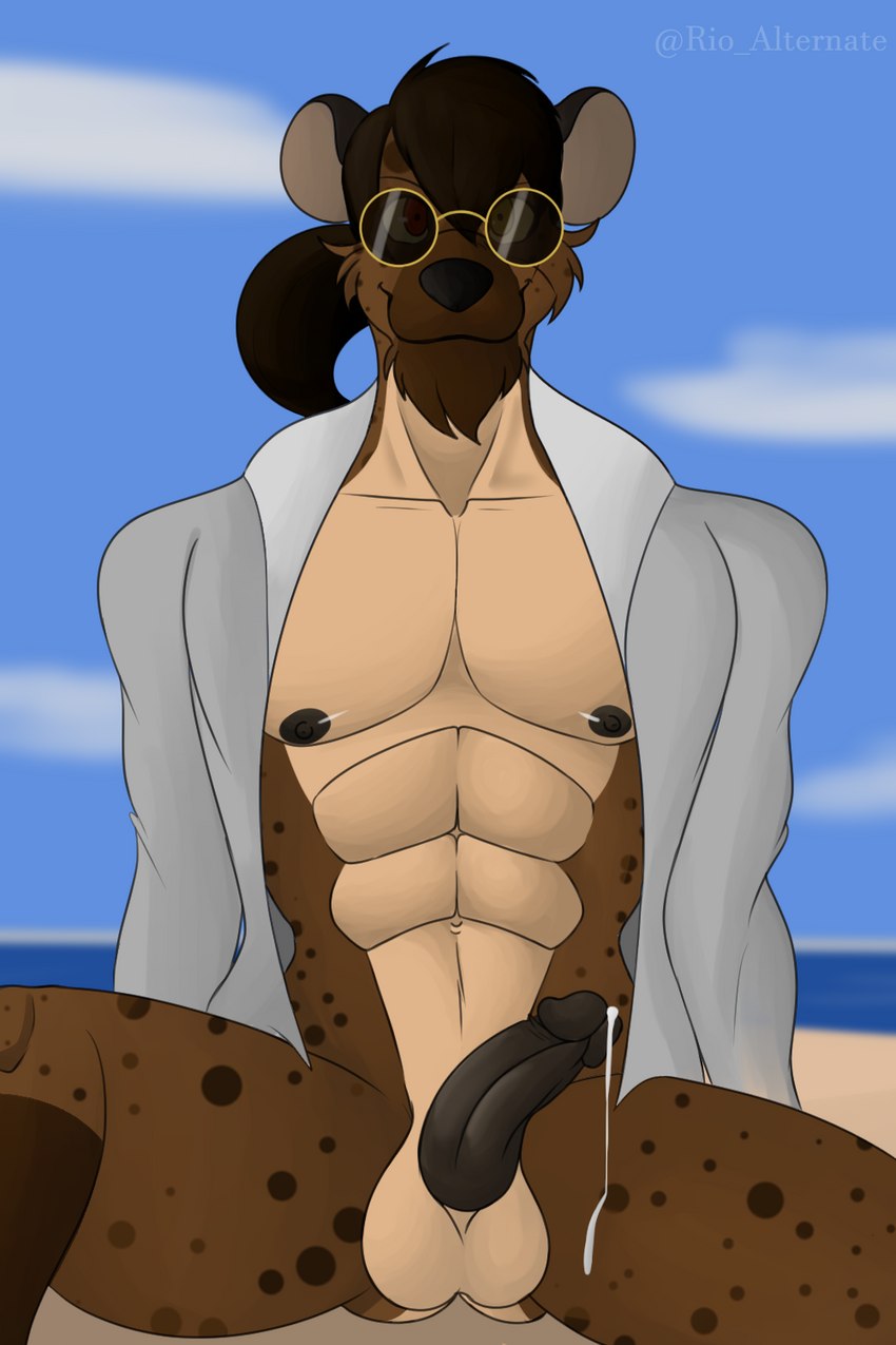 abs anthro balls beach bodily_fluids bottomless brown_body brown_fur clothed clothing cloud cum cum_drip cum_on_leg dripping erection eyewear fur genital_fluids genitals glasses hair jacket jacket_only looking_at_viewer male muscular muscular_anthro muscular_male nipples penis ponytail scar sea seaside simple_background sitting solo spots sunglasses topwear topwear_only water klr-rio radi_(klr-rio) hyena mammal spotted_hyena 2:3 digital_media_(artwork) hi_res