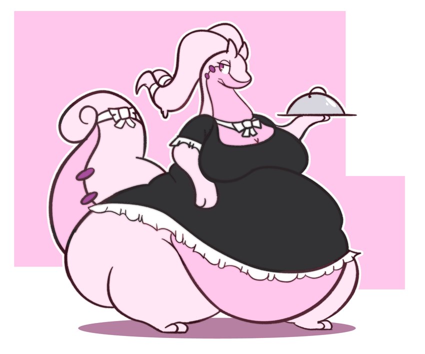 accessory alternate_color antennae_(anatomy) anthro barefoot belly belly_overhang big_belly big_breasts big_tail biped bottom_heavy bow_ribbon bow_tie breasts cleavage clothed clothing feet female furgonomics holding_plate huge_hips maid_uniform morbidly_obese morbidly_obese_anthro morbidly_obese_female narrowed_eyes obese obese_anthro obese_female overweight overweight_anthro overweight_female pink_background pink_eyes ribbons simple_background solo standing tail tail_accessory tail_bow tail_ribbon tailbutt thick_tail three-quarter_view uniform wide_hips camuushamuu nintendo pokemon generation_6_pokemon goodra pokemon_(species) 2019 6:5 digital_drawing_(artwork) digital_media_(artwork) full-length_portrait hi_res portrait