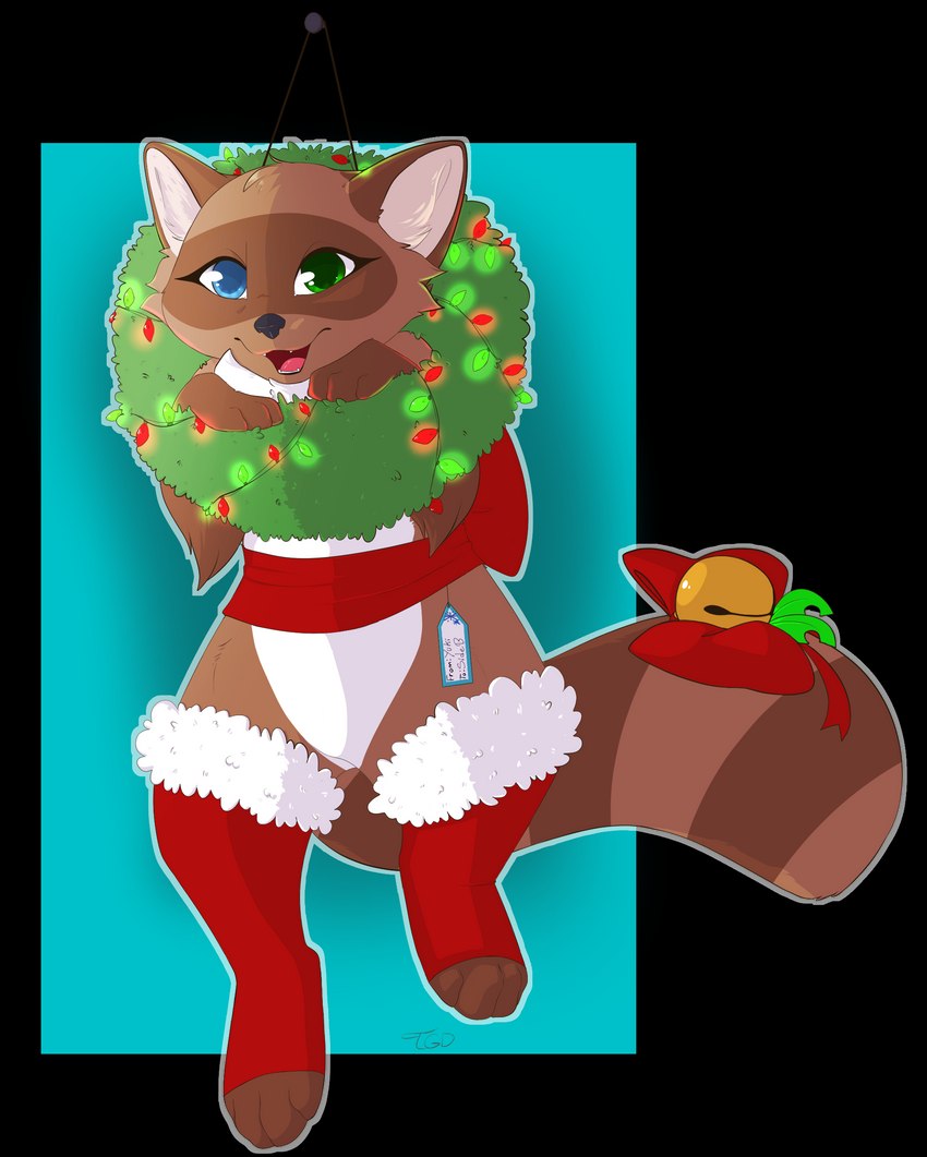 anthro bell blue_background blue_eyes brown_body brown_fur christmas_clothing christmas_decorations christmas_lights christmas_ornament christmas_stocking christmas_wreath clothed clothing digitigrade fangs featureless_crotch female fur green_eyes happy heterochromia holiday_dressed holidays leaf legwear light looking_at_viewer markings open_mouth partially_clothed ribbons simple_background smile smiling_at_viewer solo stockings striped_markings striped_tail stripes tail tail_markings teeth text transparent_background white_body white_fur honeyfox christmas yuki_(side_b) canid canine mammal raccoon_dog tanuki absurd_res alpha_channel english_text hi_res