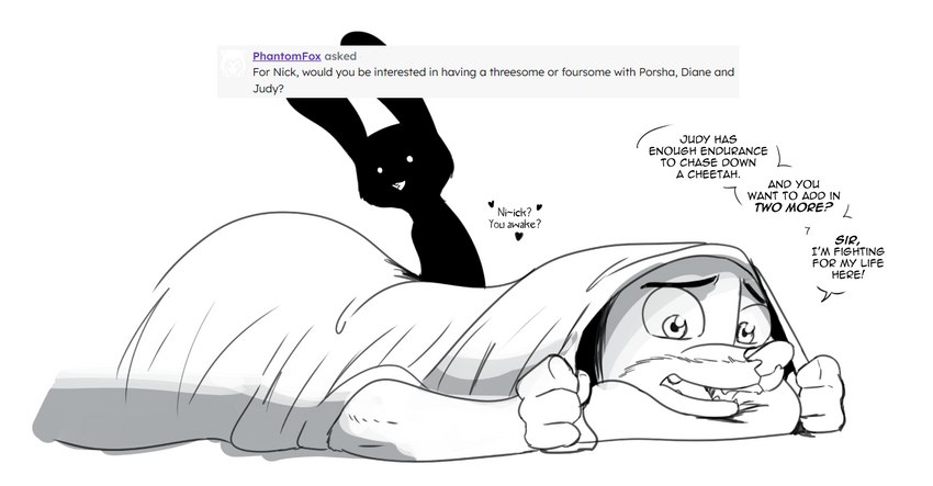 anthro ask_blog bed_covers bedding dialogue duo female fur hiding male male/female scared silhouette speech_bubble teeth text under_covers akiric disney zootopia judy_hopps nick_wilde canid canine fox lagomorph leporid mammal rabbit red_fox true_fox 2023 english_text