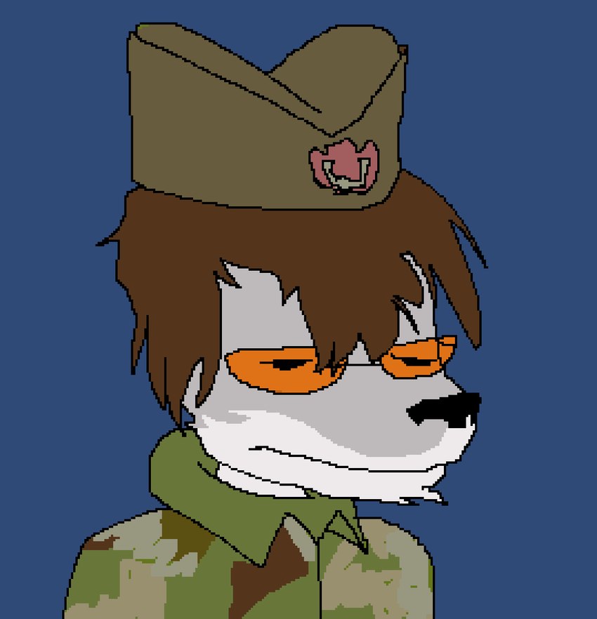 anthro aviator_glasses beard belly borko_vukovic brown_hair clothed clothing eyewear facial_hair fur glasses grey_body grey_fur hair hat headgear headwear male military military_clothing military_uniform neutral_expression orange_eyewear orange_glasses sajkaca serbian simple_background solo twunk uniform white_belly chamomick canid canine canis mammal wolf digital_media_(artwork) microsoft_paint_(artwork)