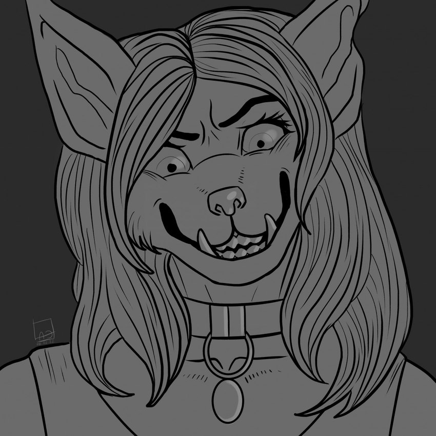 angry anthro close-up collar crazed_look fangs notched_ear rape_face solo teeth larry_canon nazreen_(racheltheseeker) gnoll hyena mammal 1:1 hi_res monochrome