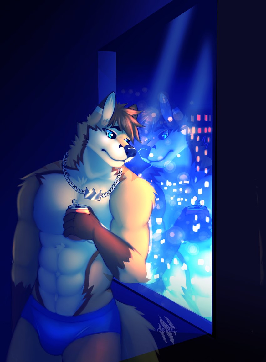 abs anthro beverage blue_briefs blue_clothing blue_eyes blue_underwear briefs bulge city clothing countershading jewelry male melancholic muscular muscular_anthro muscular_male necklace night observation_window pecs soda solo underwear window kobi_seika richart_(richartwf) canid canine canis fox hybrid mammal wolf hi_res