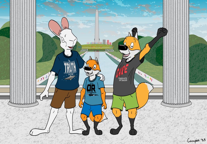 anthro bottomwear clothing digitigrade female group male plantigrade shirt shorts topwear trio washington_monument young young_anthro campionl forest_hill hunter_locket kaleb_veloux tanya_locket canid canine fox lagomorph leporid mammal rabbit hi_res