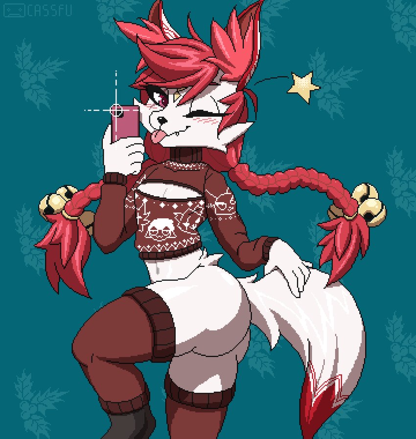 anthro bare_butt bell blush blush_lines bottomless bottomless_anthro bottomless_female braided_hair butt christmas_clothing cleavage_cutout clothed clothing cutout electronics fangs female festive flat_chested fur hair hair_bell holding_object holding_phone holidays jingle_bell keyhole_turtleneck leg_warmers legwear long_hair long_sleeves looking_at_viewer no_underwear on_one_leg one_eye_closed phone pigtails pink_hair plant red_hair selfie simple_background smile solo standing star_(symbol) sweater tail teeth thick_thighs tongue tongue_out topwear turtleneck twin_braids white_body white_fur wink winking_at_viewer cassfu_(artist) christmas epic_games fortnite kimiko_five-tails canid canine canis fox mammal digital_media_(artwork) pixel_(artwork) watermark